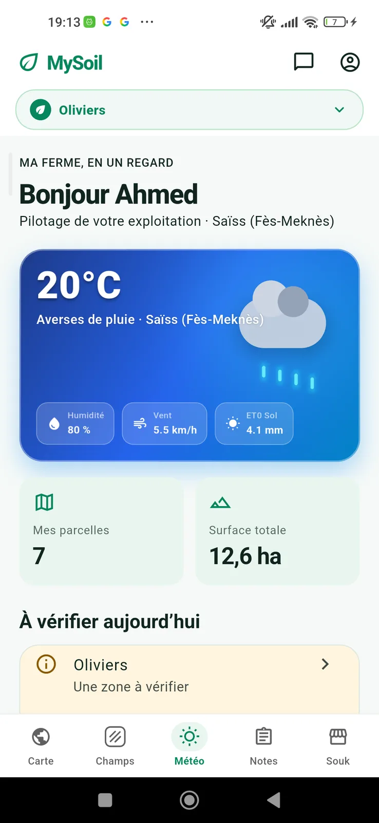 Original MySoil Android dashboard screenshot