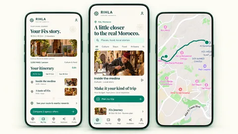 Presentation collage of RIHLA’s discovery, trip planning, and native map screens